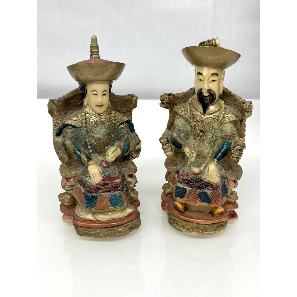 Vintage Chinese Emperor Empress Resin Figurines Set Seated Dragon Throne Statues